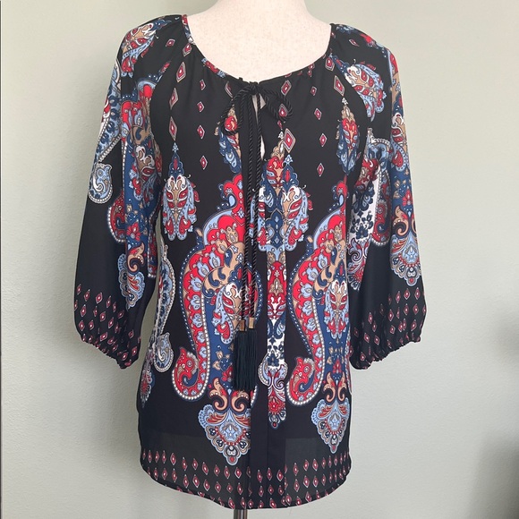 meraki Tops - Meraki Black Blouse with Red and Blue Paisley